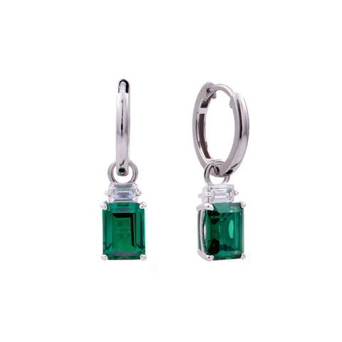 E2332-G - ADELINE - Rhodium Plated Hoop With Green Baguette