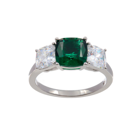 R1911-G - ADELINE - Rhodium Plated Green and Clear Princess Cut Ring