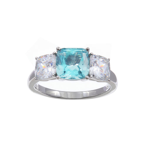 R1911-B - ADELINE - Rhodium Plated Blue and Clear Princess Cut Ring