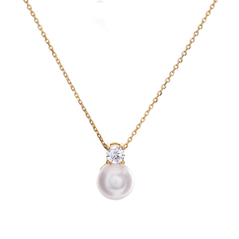 N1138-GP - ARIE - Yellow gold claw set cz & pearl pendant on fine chain