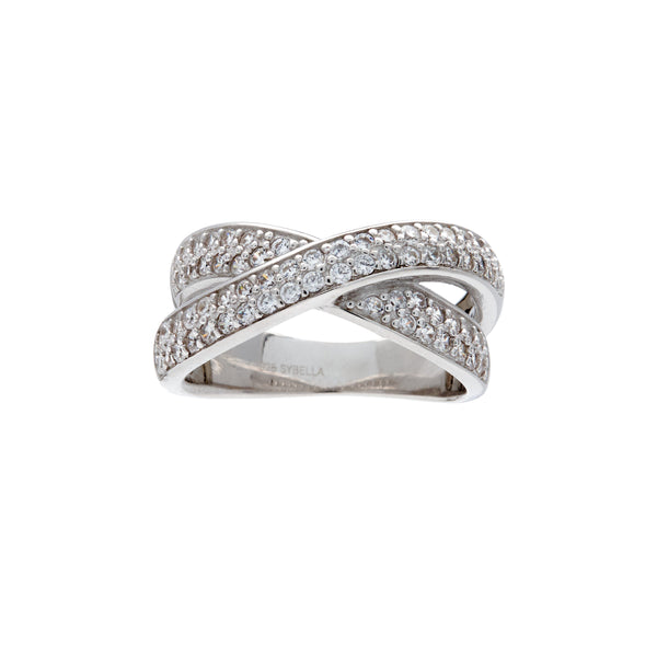 R809-RH - ECLIPSE - Rhodium Plate Cross Over Clear Micro Pave CZ Ring