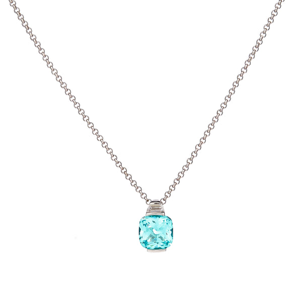 P23-LB - ERIN - Rhodium Plated Tapered CZ And Light Blue Square Pendant