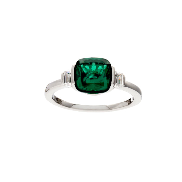 R23-G - ERIN - Rhodium plated emerald green and clear square cz ring