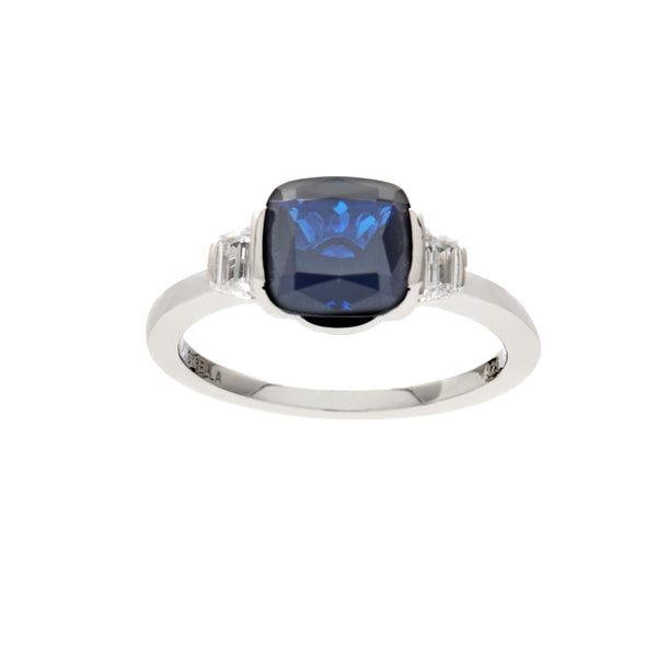 R23-S - ERIN - Rhodium plated sapphire blue and clear square cz ring