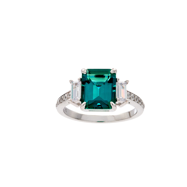 R1064-GR - SASHA - Rhodium plated green and clear baguettes cz ring