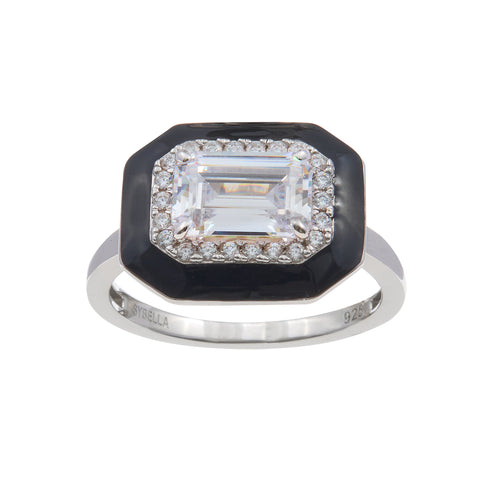 R2166 - BRIDGET-  Rhodium Black & Clear CZ Square Art Deco Ring