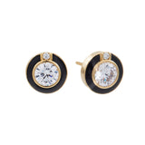 E2010-GP - CHLOE - Gold Plated Black & Clear CZ  Round Art Deco Stud Earrings