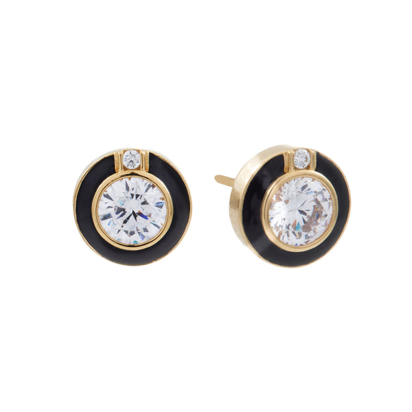 E2010-GP - CHLOE - Gold Plated Black & Clear CZ  Round Art Deco Stud Earrings