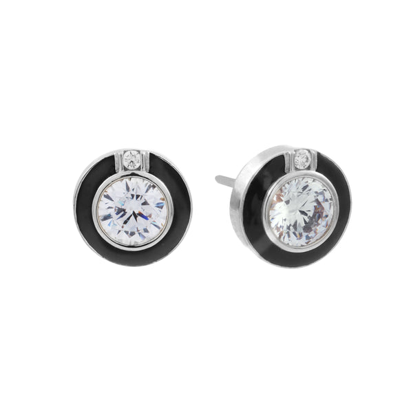 E2010-RH - CHLOE -  Rhodium  Black & Clear CZ  Round Art Deco Stud Earrings