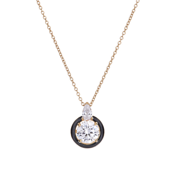 P168-GP - CHLOE - Gold Plated Black & Clear CZ  Round Art Deco Pendant