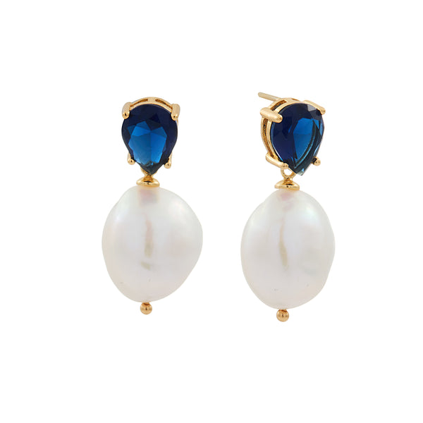 E1871-B - FELICITY -  Sapphire Tear Drop CZ With Freshwater Pearl Drop Earrings.