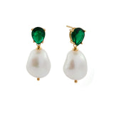 E1871-G - FELICITY -  Emerald Green Tear Drop CZ With Freshwater Pearl Drop Earrings