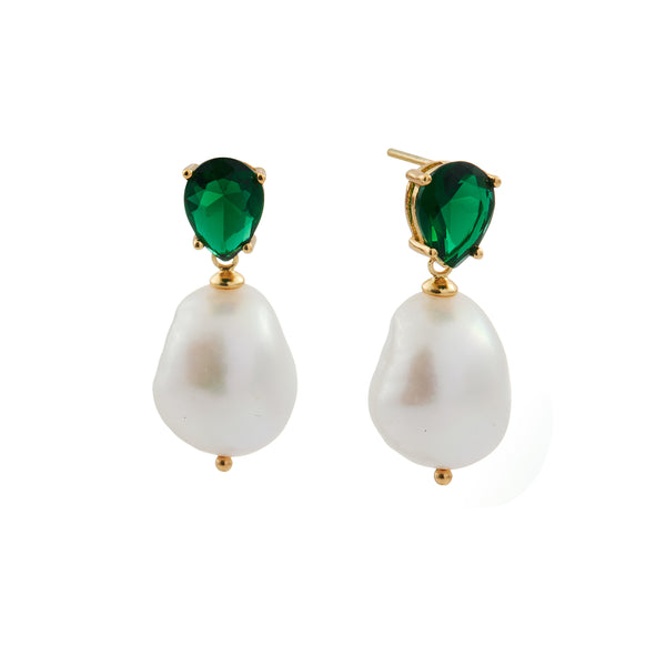 E1871-G - FELICITY -  Emerald Green Tear Drop CZ With Freshwater Pearl Drop Earrings