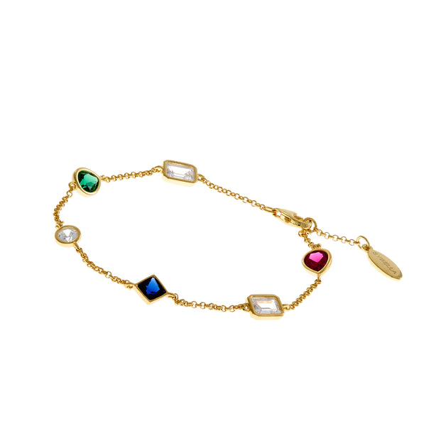 B233-GP - MILA - Ruby, Sapphire and Emerald Green CZ Gold Plate Bracelet