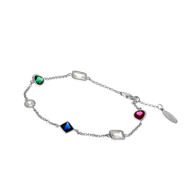 B233-RH - MILA - Ruby, Sapphire and Emerald Green CZ Rhodium Plate Bracelet