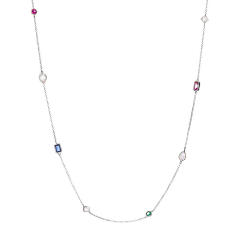 N233-RH  - MILA - Ruby, Sapphire and Emerald Green CZ Rhodium Plated 925 Sterling Silver Necklace