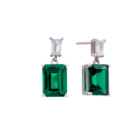 E233-G - SOPHIE - Rhodium Plated Tapered CZ And Green Baquette Earrings