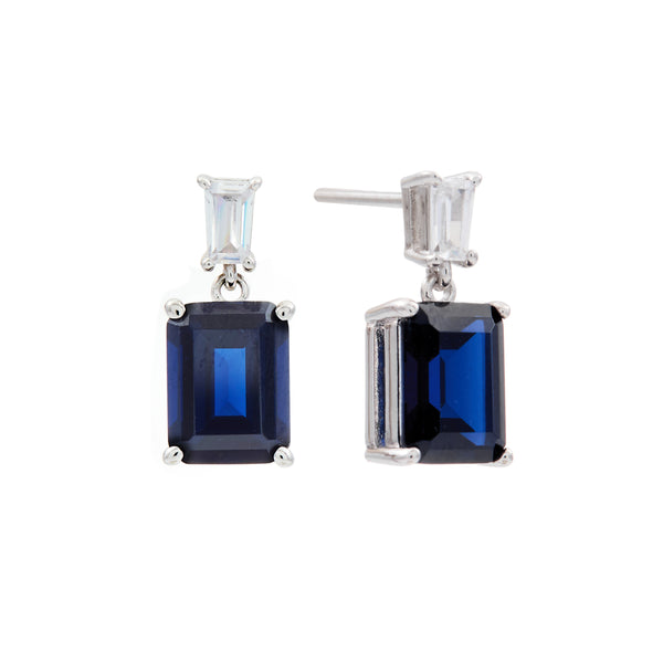 E233-S - SOPHIE - Rhodium Plated Clear Tapered CZ and Blue Baquette Earrings