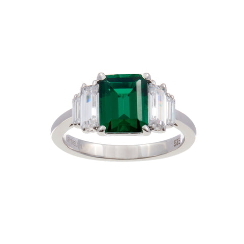 R2379-G -SOPHIE -  Rhodium plated green and clear baguette ring