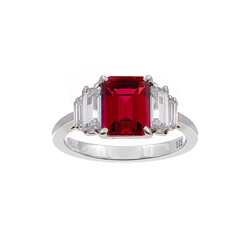 R2379-R -SOPHIE - Rhodium plated ruby red and clear baguette ring