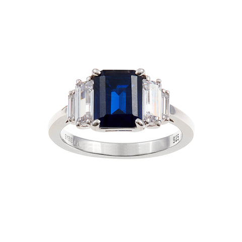 R2379-S - SOPHIE - Rhodium plated Sapphire Blue and clear baguette ring