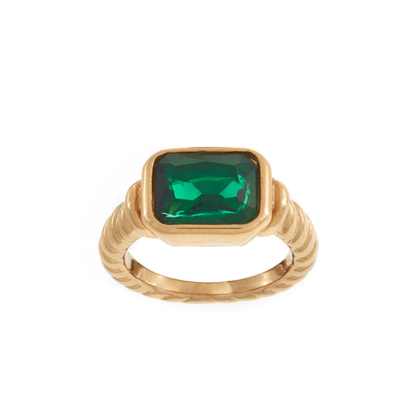 R24-G - EVERLY- Gold plate Stainless Steel Ropeand Green CZ Ring