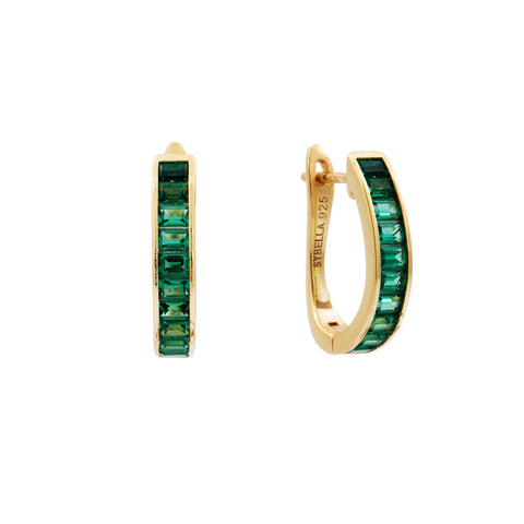 E1936-G - ZOEY - Gold Plate Green Baguette Hoop Earrings