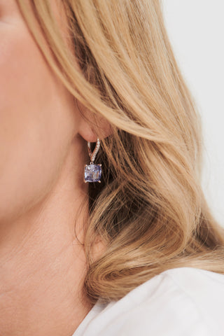 E199-T ARIELLA Tanzanite Blue & Clear CZ square rhodium earrings