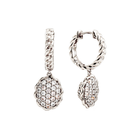 E181-RH-  Rhodium plate, oval cz drop on plaited hoop earrings