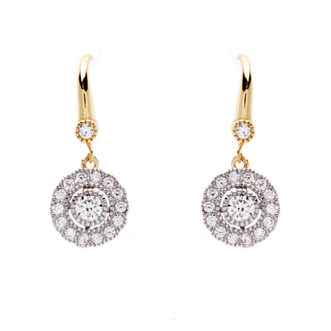 E245-YG - 925 sterling silver, rhodium plate cubic zirconia flower earrings on yellow gold french hook