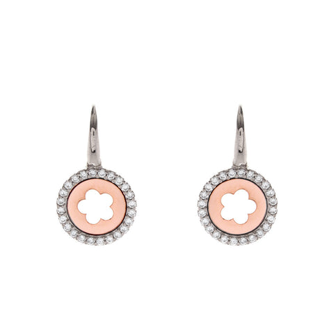 E496-TT - Two tone rose gold, silver & cubic zirconia open flower earring