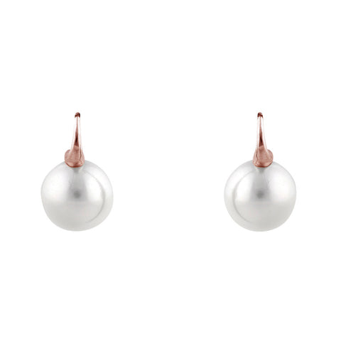 E69-701RG -14mm round white pearl earrings on rose gold plate Sybella hook