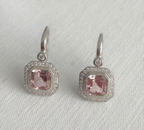 E7261-Rhodium square morganite earring on french hook