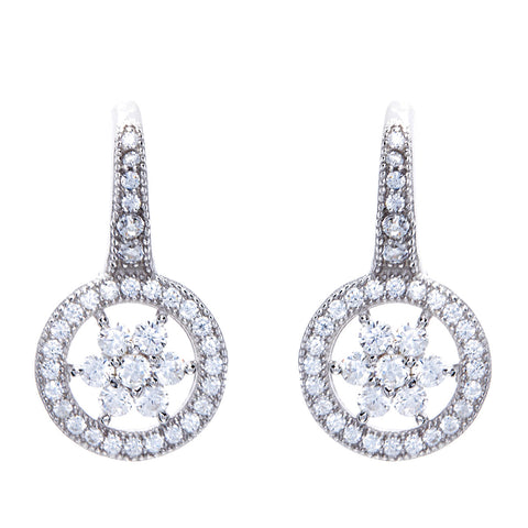 E7774 - Rhodium micro pave cubic zirconia flower hook earrings