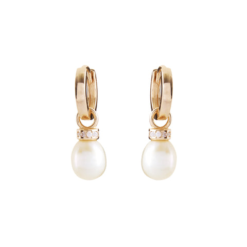 E981-GP - Gold Hoop Freshwater Pearl & CZ Drop Earrings