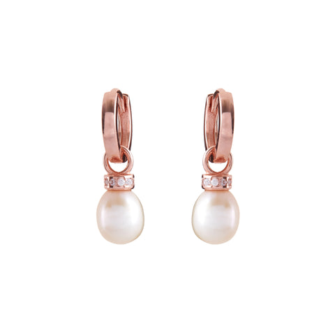 E981-RG - Rose Gold Hoop Freshwater Pearl & CZ Drop Earrings