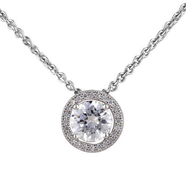 925 sterling silver, rhodium plate 4-claw cubic zirconia micro pave round pendant on fine chain - P30533