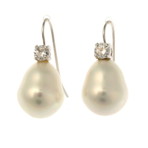 E31-701RH - CZ & 12 x 15mm white baroque pearl on rhodium french hook earring