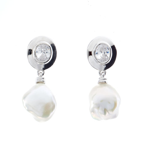 E176-RH - Rhodium, cz & keshi pearl earrings