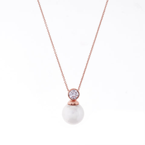 P789-RG - Rose Gold Plate CZ Bezel & 14mm Pearl Pendant