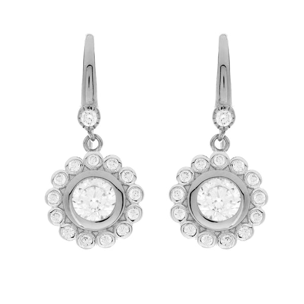 E78-RH - Rhodium flower cubic zirconia hook earring