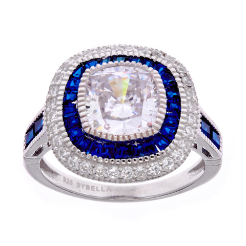 Rhodium, sapphire & clear cubic zirconia dress ring- R8717