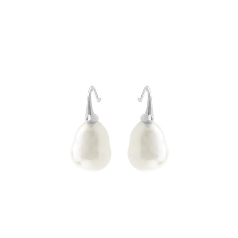 E624-701RH - White Baroque Pearl Earrings on Rhodium French Hook