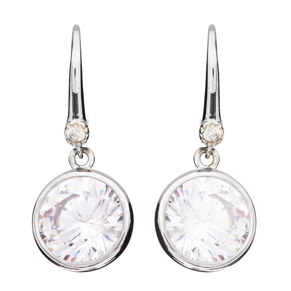 E63-RH - Rhodium bezel cubic zirconia on hook earrings -