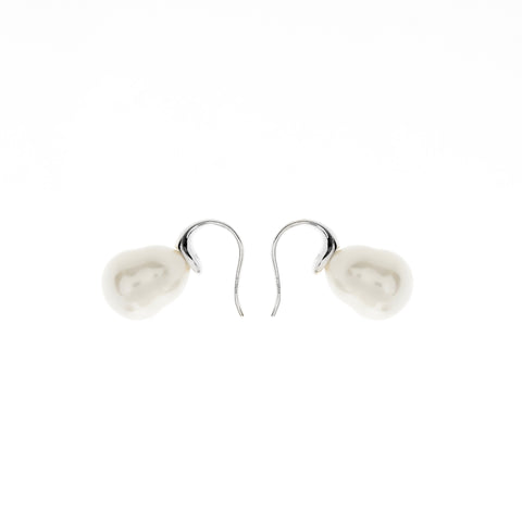 E624-701RH - White Baroque Pearl Earrings on Rhodium French Hook