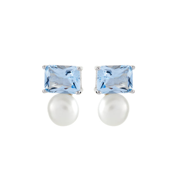 E7392-B - Rectangle blue cz & pearl earrings