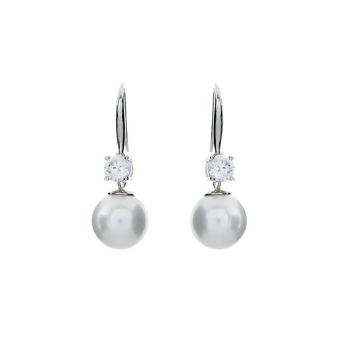 E89-701RH - Rhodium, 12mm white pearl & claw set cz on long hook earrings