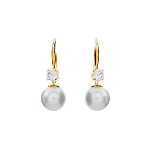 E89-701GP- Gold plate, 12mm white pearl & claw set cz on long hook earrings