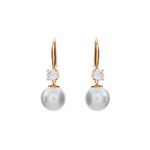 E89-701RG- Rose gold plate, 12mm white pearl & claw set cz on long hook earrings