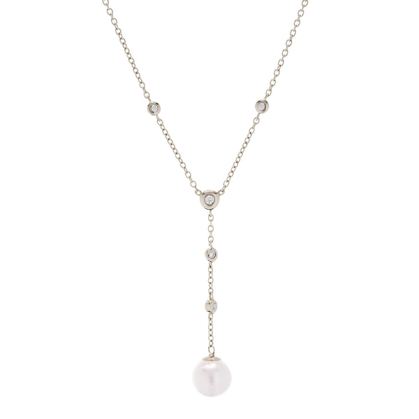N781-RH - Rhodium pearl and cubic zirconia drop necklace
